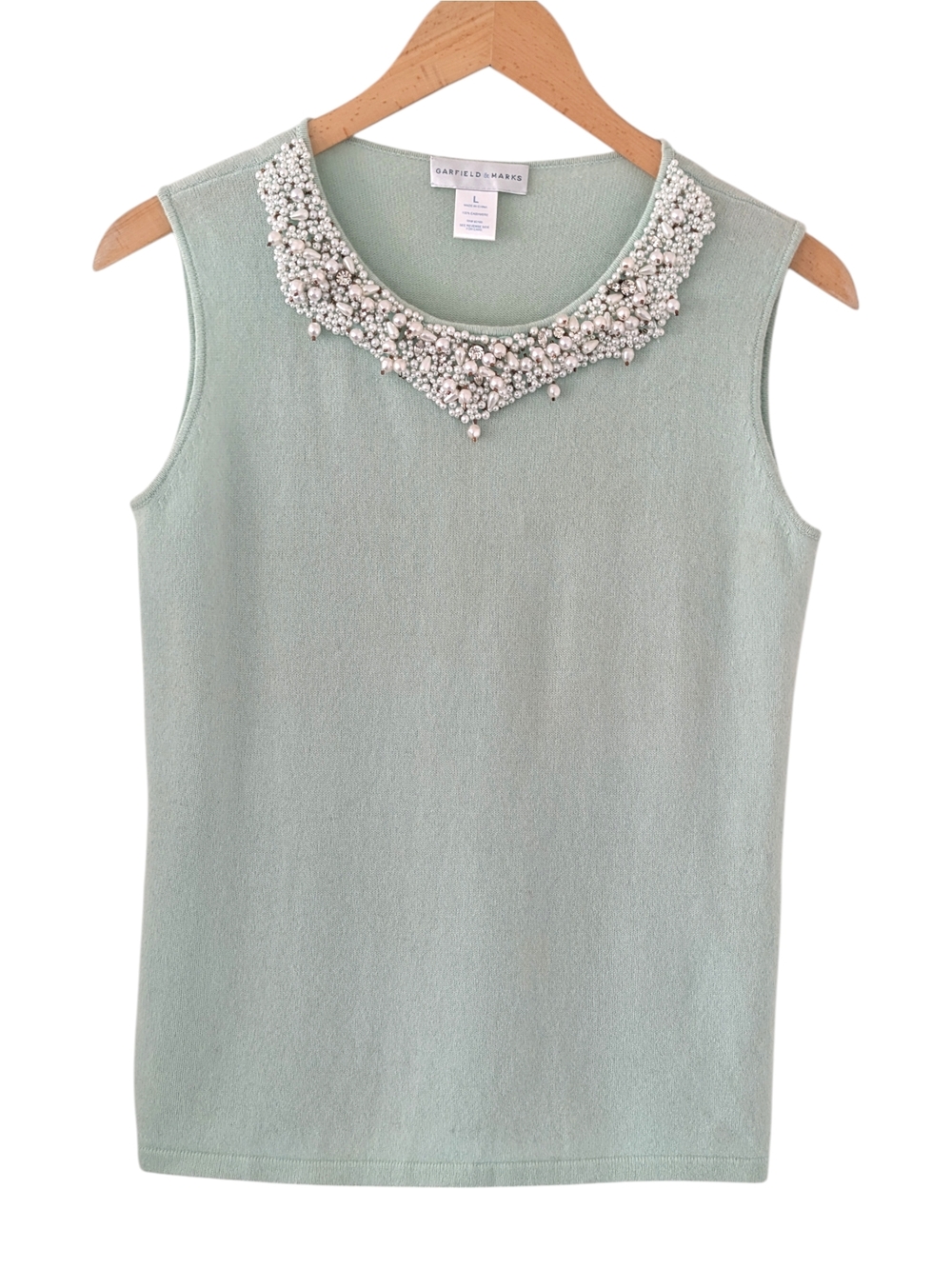 Vintage Garfield & Marks Cashmere Mint Green Beaded Sleveless Sweater Size Large